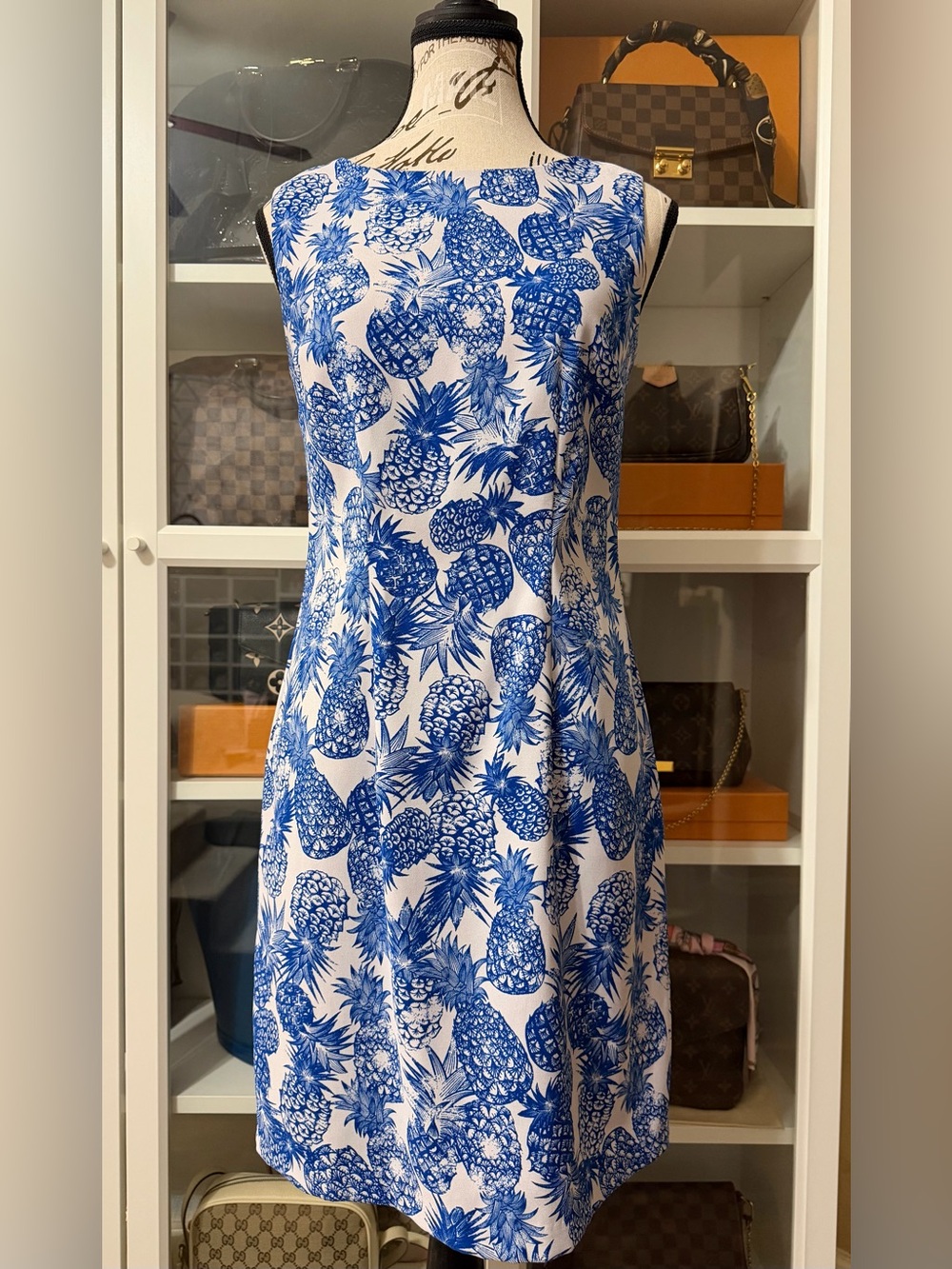 Alyx White Midi Dress with Blue Pineapple Print